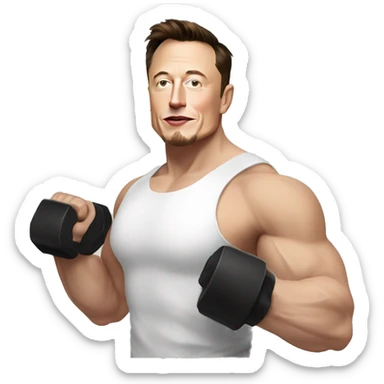 elon musk doing bicep curls in which he is wearing sando of white color and is looking jacked sticker