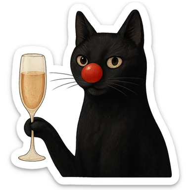black cat with a red clown nose holding a glass of champagne, elegant and whimsical sticker