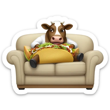 A fat cow eating tacos on a couch sticker