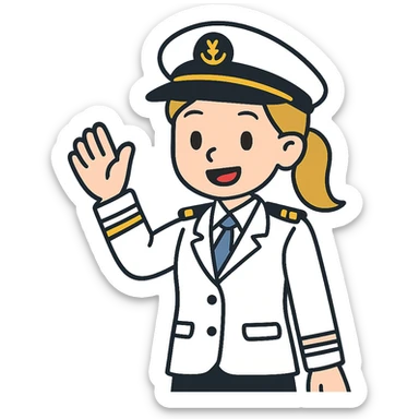 flat toon style cruise captain girl with dirty blonde ponytail, waving at the camera sticker