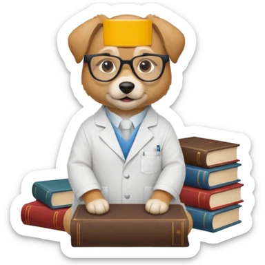 Wise dog with glasses, wearing a lab coat, perched on a stack of books. sticker