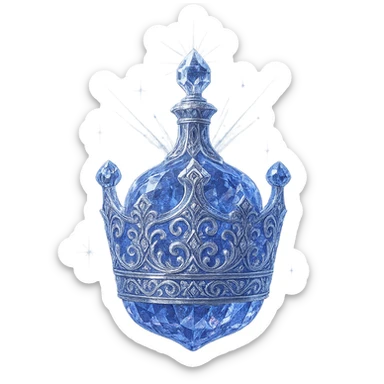 luxurious crystal elixir bottle shaped distinctly like a crown, color #7986cb, ornate multi-layered holographic and silver filigree, intricate crystal texture, magical glowing and sparkling effects, radiant light beams, very small neck, seamless and beautifully rounded closed bottom (not flat or open like a glass), transparent background, bottle clearly floating in air, no base or shadow, not standing, modern, collection style, extremely beautiful and refined, unmistakably crown-like silhouette sticker