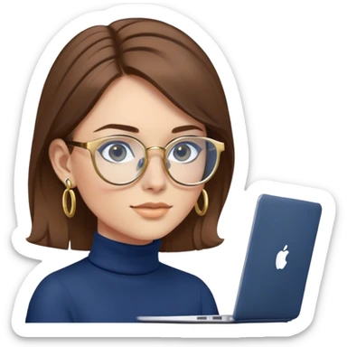 Female programmer with brown hair, navy blue turtleneck, gold hoop earrings, blue computer glasses, using laptop sticker