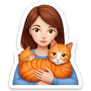 Brunette woman snuggling orange cat sticker