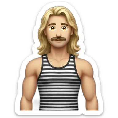 long hair male with moustache and striped black and red tank top sticker