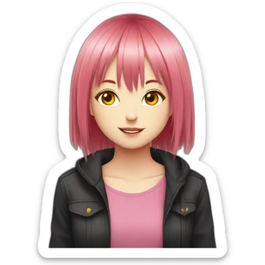 (gril) makima from the manga chainsawman with pink/red hair fringe, yellow eyes with a circle inside and a black shirt sticker