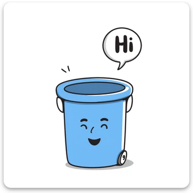 hand-drawn blue bin with a smile, speech bubble with 'hi' sticker