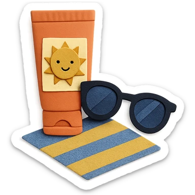 tube of sunscreen with a smiling sun, next to sunglasses and a towel, paper-craft style sticker