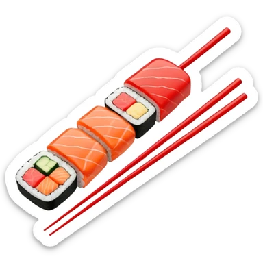 Japanese cuisine humanless avatar in minimalist emoji-style illustration. Sushi, roll and 2 chopsticks, clean lines, red white colors, flat design, calm and modern. sticker