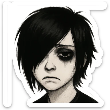 emo face, pale skin, black side-swept bangs, heavy eyeliner, sad expression sticker