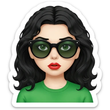 current charli xcx with her long black wavy hair, thick black out sunglasses, pale skin, closed pouting lips, and a bright green top that said brat in the brat font. sticker