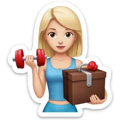 blonde woman holding a box of chocolates and a dumbbell sticker