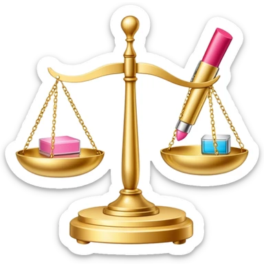 gold scale with dollars on one side and beauty products like lipstick, perfume, makeup on the other sticker