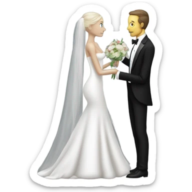 White humman man in a tuxedo holding, Alien reprilian woman in wedding dress, and one , hands getting married sticker