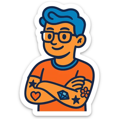 character with blue hair, glasses, and tattoos sticker