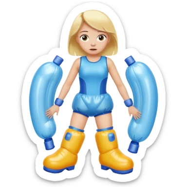 chica rubia con cara de miedo con unas botas  de presoterapia inflables sticker