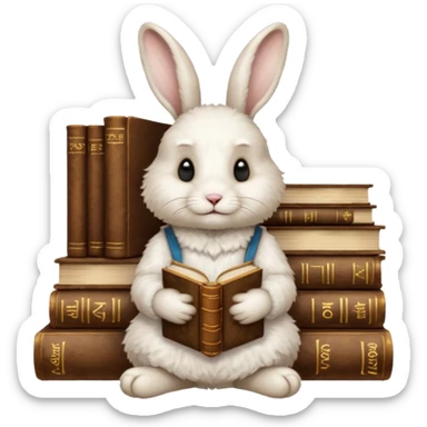 White rabbit sitting on 4 legs next to a stack of books consisting of 3 books sticker