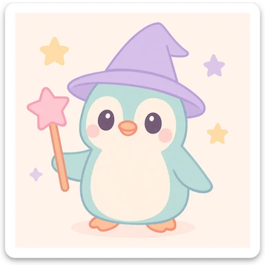 cute and whimsical penguin dressed as a wizard, pointed hat, magic staff, adorable and charming sticker