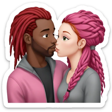Mulher ruiva, pele branca, roupinha rosa, beijando um homem negro, com dreads nos cabelos e roupa cinza sticker