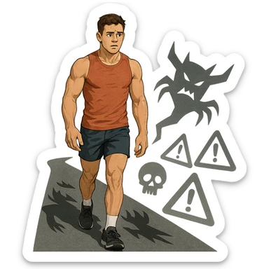 young muscular athlete following a road with threatening shadows and danger symbols projected on the path, muscular but worried face, isolated on white background sticker