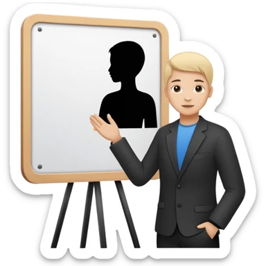 Minimalistic flat vector icon, iOS style, thin black contour on white background. Person silhouette with a project board (kanban/task board) behind. No text, no shadows.
 sticker