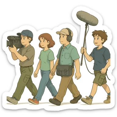 a flim crew, walking from left to right across frame: a cameraman, and a microphone operator sticker