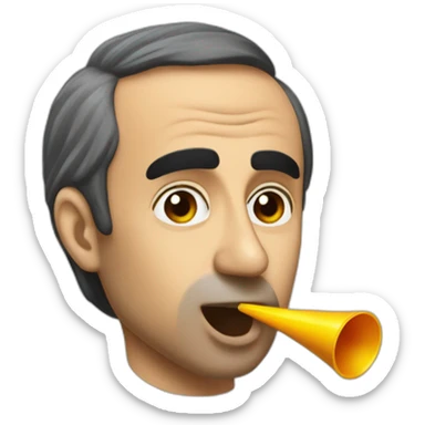 Eric Zemmour blowing on a party blower sticker