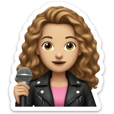 White Woman, Long Brown Wavy Hair, Brown Eyes, Wearing A Pink Dress and a Black Leather Jacket, holding a microphone  sticker