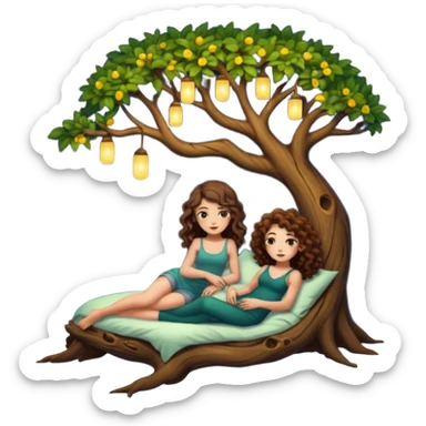 hollow tree bed — long wavy brown hair tattooed woman and short tight curly brown hair woman — firefly night lights sticker