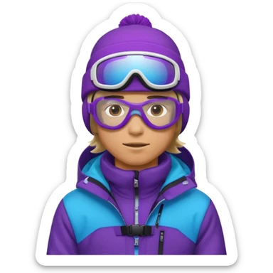 male Pro Snowboarder with white beanie, ONE pair of purple and blue frameless goggles and a black jacket sticker