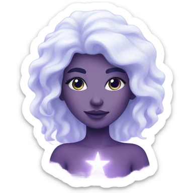 white mystical woman with sparkling galaxy hair with moon and stars in purple and blue shades sticker