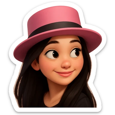 Redraw this character in a 3D Disney animated style with vibrant colors and soft shading. Keep the pink hat, black hair, and side glance. Make her expressive and detailed with a lively and warm appearance. sticker