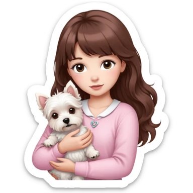 “A woman with fair skin, long brown hair with bangs, large brown eyes, and long, beautifully curled eyelashes. She is wearing a baby pink outfit and holding a West Highland White Terrier in her arms.” sticker