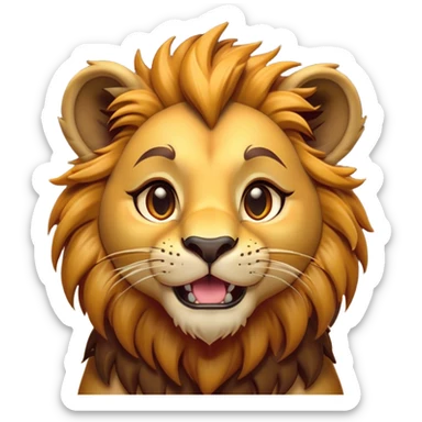 Cinematic Comical Lion Cub Portrait Emoji, Head tilted dramatically with an exaggeratedly amused expression, featuring a striking tawny Fur with a flamboyant mane and wide, expressive amber eyes filled with playful disbelief, Simplified yet hilariously expressive features, highly detailed, glowing with a slightly sassy glow, high shine, dramatic yet playful, stylized with an air of cheeky jungle mischief, bright and endearing, soft glowing outline, capturing the essence of a spirited and over-the-top Lion Cub, so meme-worthy it feels like it could roar its way into internet fame instantly! sticker