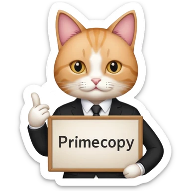 Cat in a black business suit holding a sign that says "PrimeCopy" sticker
