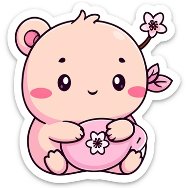 baby pink cherry blossom flower with teary eyes and a mischievous smile, hiding snacks behind its back, soft chubby body, kawaii face sticker