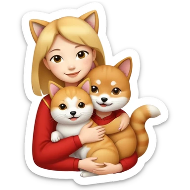 chinese fashion girl hugging  A Shiba Inu and a cat sticker