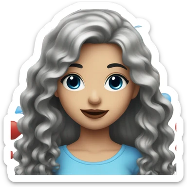 Smiling girl with long black wavy hair and blue eyes with red lips sticker