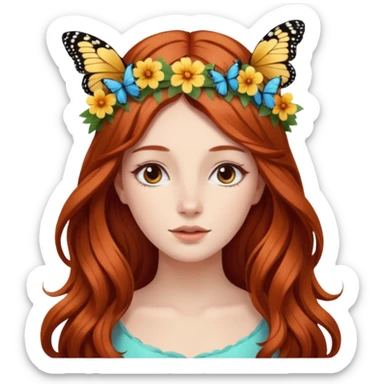 Woman with long flowing auburn hair wearing a flower crown with butterflies in it sticker