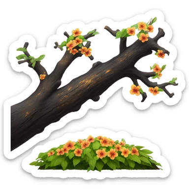 half of a charred tree on one side and a bloming tree on the other sticker