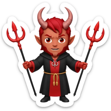 Full body 3D Memoji male devil in a dark robe, holding a trident symmetrically with both hands centrally. Red skin, horns, solid background. sticker