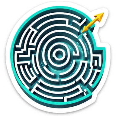 An icon showing an aerial view of a maze, with winding paths and dead ends, symbolizing indoor and city-based escape rooms. A glowing arrow points the way forward, representing the challenge of solving puzzles and finding the exit. .transparent background. sticker