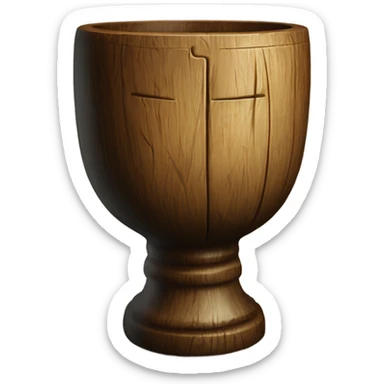A magical goblet, large and imposing, made of aged wood with a smooth surface. It stands as a symbol of power and mystery, with a timeless and mystical design. sticker