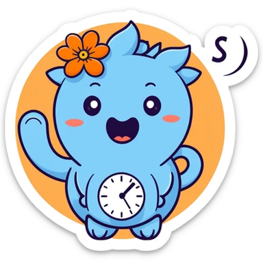 pastel blue hyacinth flower with alarmed eyes and a screaming mouth, waving a tiny alarm clock, fluffy and round sticker