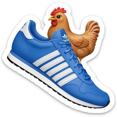 blue adidas sneaker with elements of a face and chicken legs, emoji style sticker