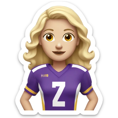 Pale Girl with blonde hair. She is wearing a purple and yellow football jersey sticker