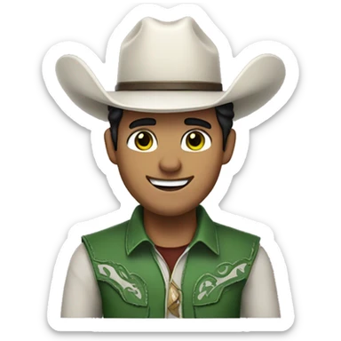 cowboy with black hair and green eyes, white fur and smile and col clth sticker
