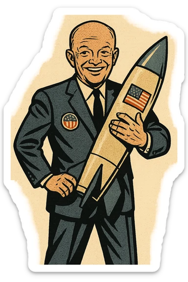 a full body of US president Eisenhower who is smiling and wearing a suit with a large USA flag badge. He is holding an American nuclear missile close to his body sticker