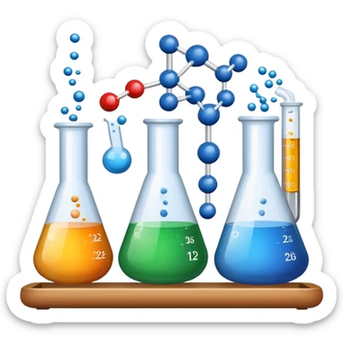 An icon featuring chemical powders, a test tube, and molecular structures, symbolizing chemistry. The design includes chemical formulas, beakers, and a periodic table, representing chemical reactions and experimentation. Transparent background sticker