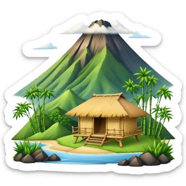 bamboo hut front of the volcano sticker